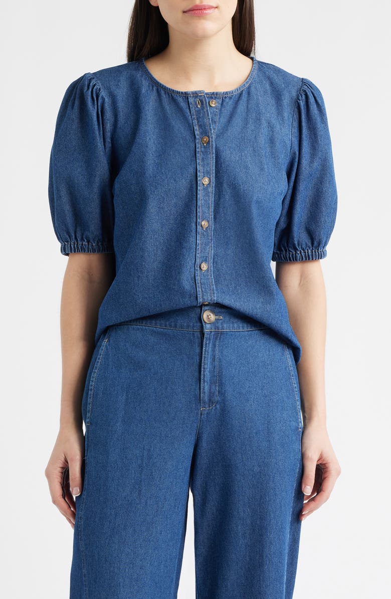 Anne Klein Puff Sleeve Denim Button-Up Shirt, Main, color, 