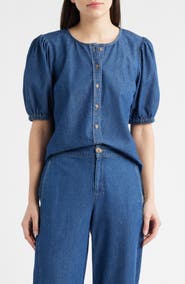 Anne Klein Puff Sleeve Denim Button-Up Shirt