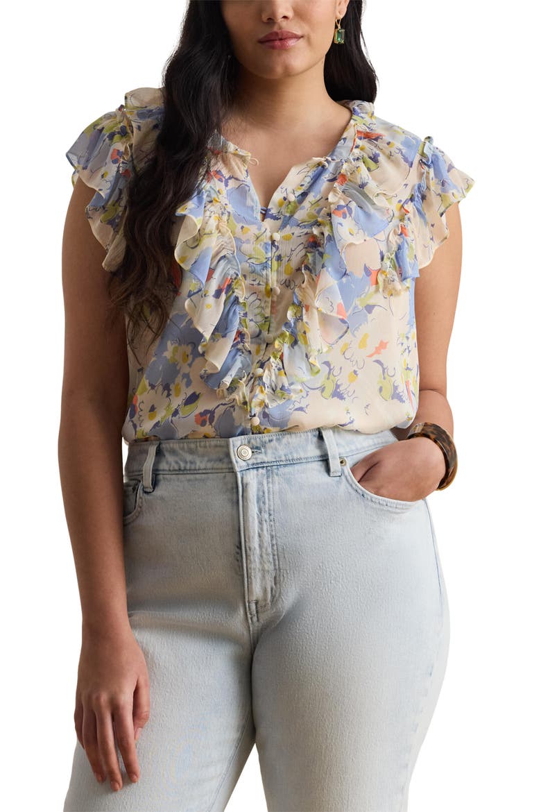 Floral Print Ruffle Trim Button-Up Top, Main, color, BLUE/ MULTI