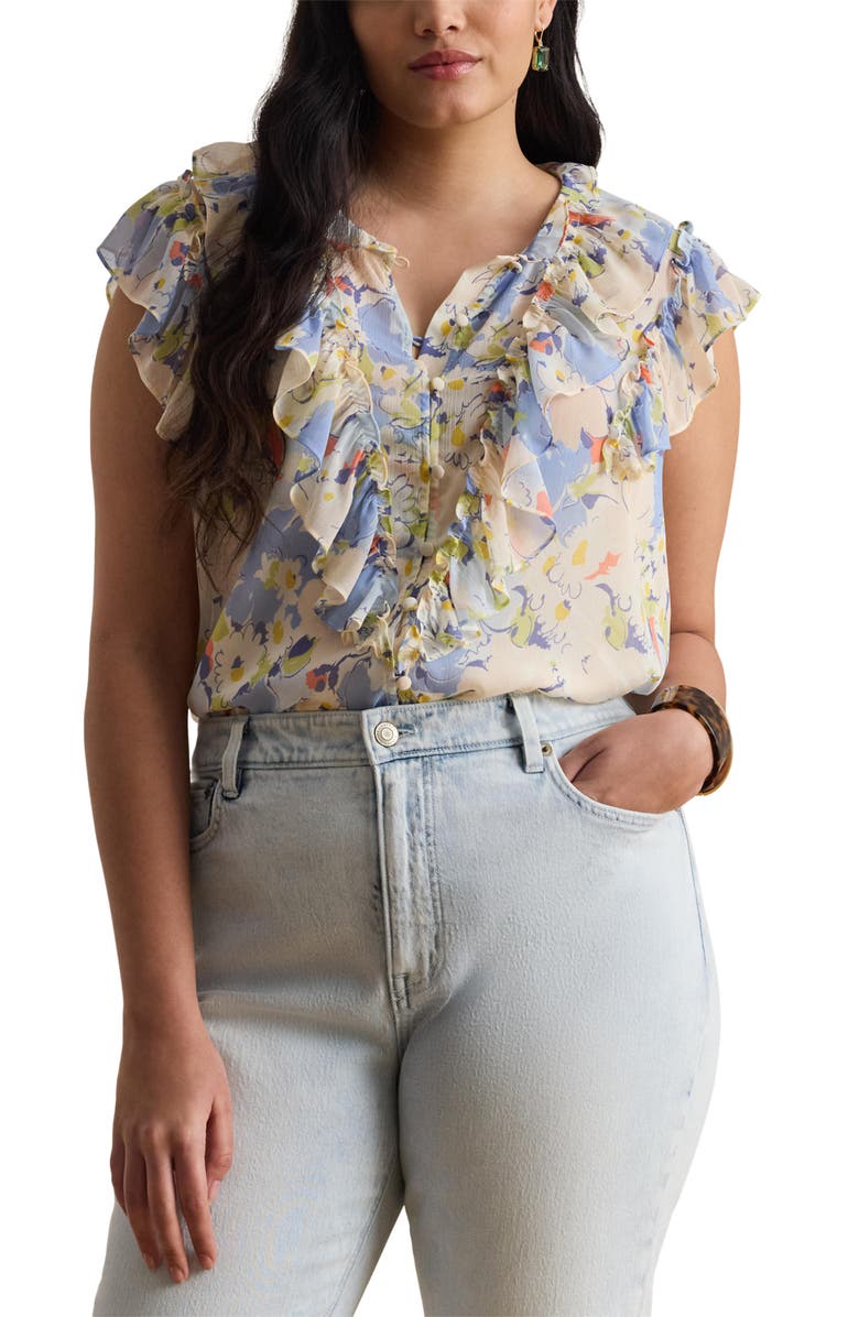 Lauren Ralph Lauren Floral Print Ruffle Trim Button-Up Top, Main, color, Blue/ Multi