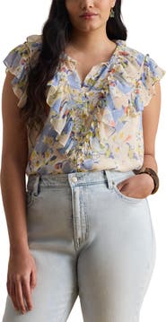 Lauren Ralph Lauren Floral Print Ruffle Trim Button-Up Top