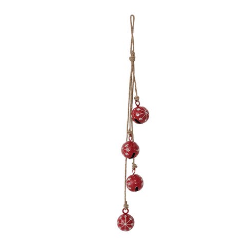 Jute Rope Door Hanger with Hand-Painted Metal Jingle Bells and Snowflakes, Natural, Red and White