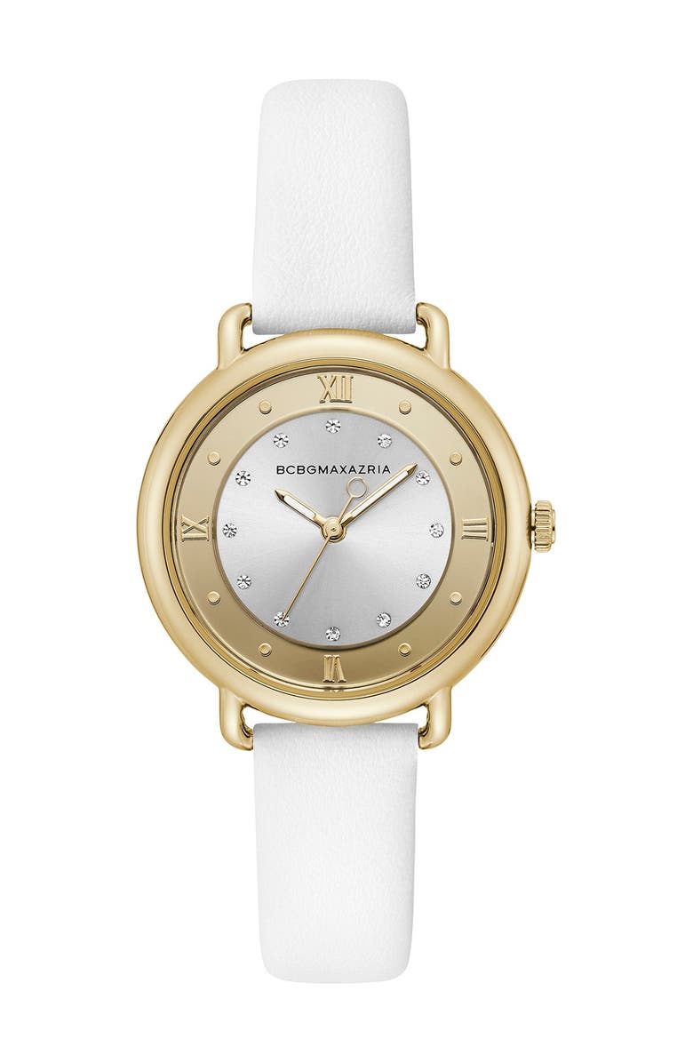 BCBGMAXAZRIA Women's Silver Crystallized Dial Leather Watch, 34mm, Main, color, 