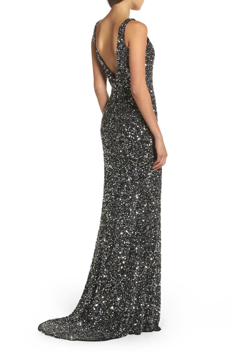 Sequin Slit Gown, Alternate, color, BLACK