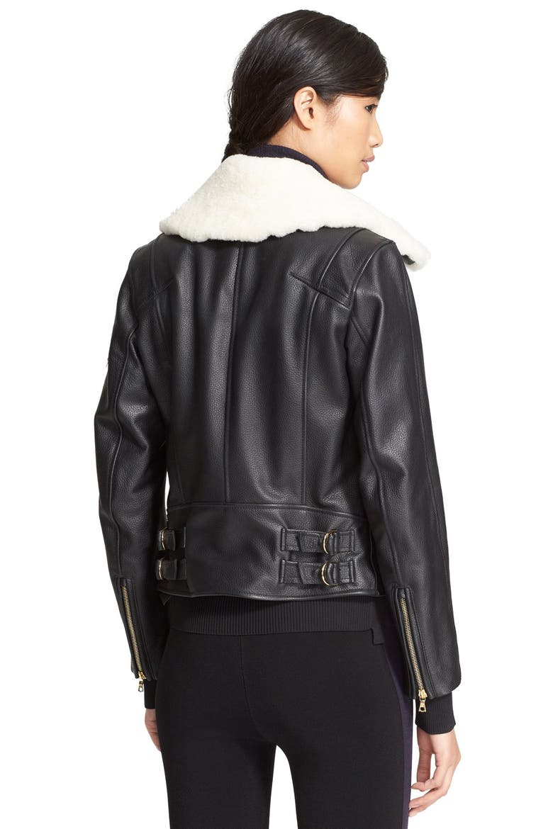 'Minerva' Leather & Shearling Biker Jacket, Alternate, color, BLACK