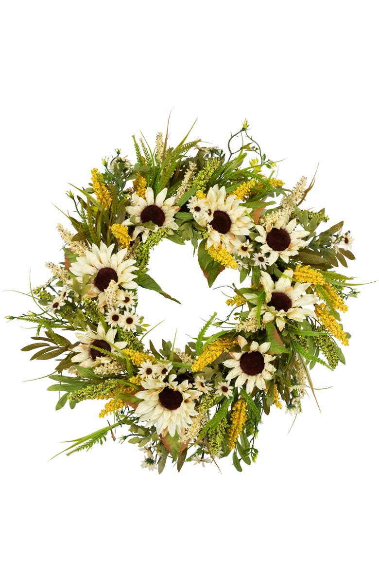 Northlight Sunflowers, Daisies and Pip Berries Floral Artificial Fall Harvest Wreath - 24", Main, color, Beige