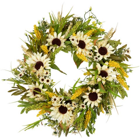 Sunflowers, Daisies and Pip Berries Floral Artificial Fall Harvest Wreath - 24"