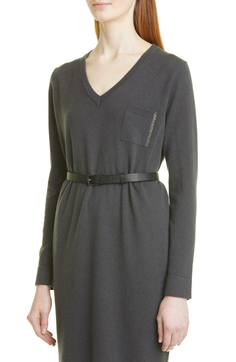 Fabiana Filippi Beaded Pocket Belted Wool Blend Long Sleeve Knit Dress, Alternate, color, Dark Grey