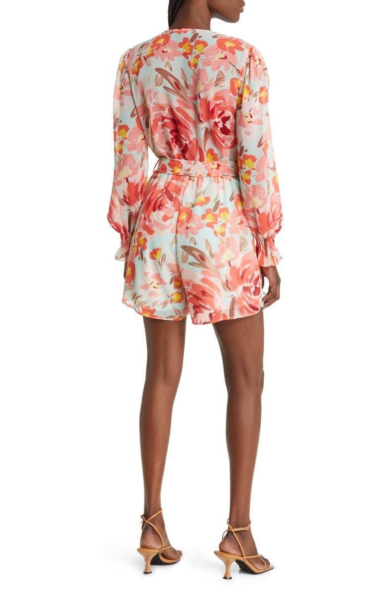 Fraiche by J Sarah Floral Long Sleeve Tie Waist Romper, Alternate, color, 