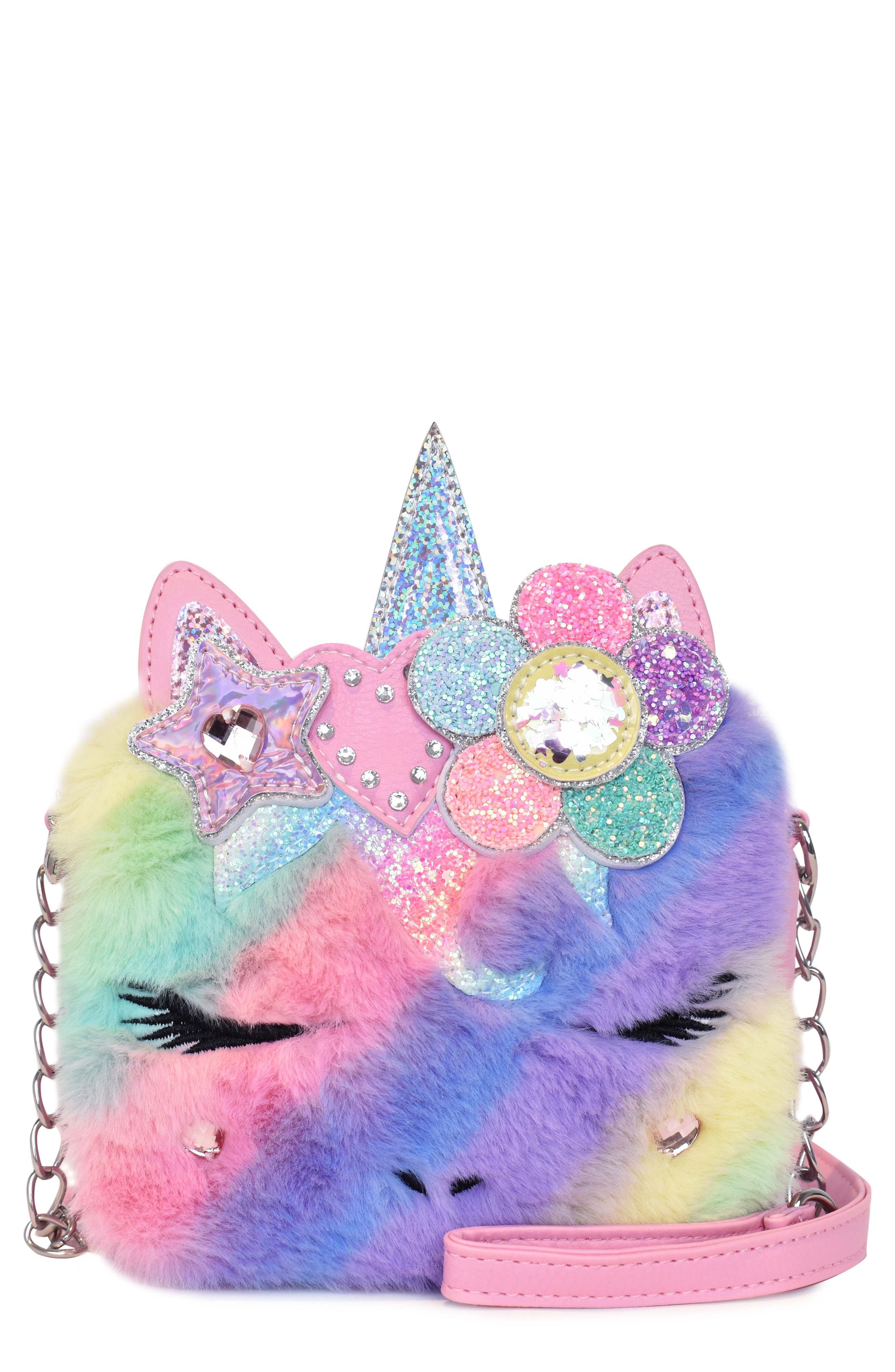 OMG Accessories Kids' Miss Gwen Faux Fur Unicorn Crossbody Bag, Main, color, 
