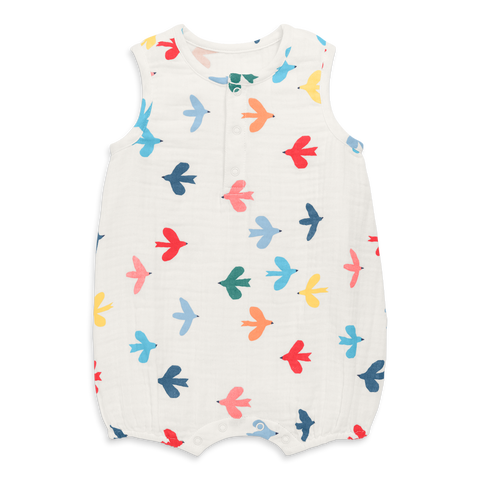 Baby Henley Tank Shortie In Rainbow Birds
