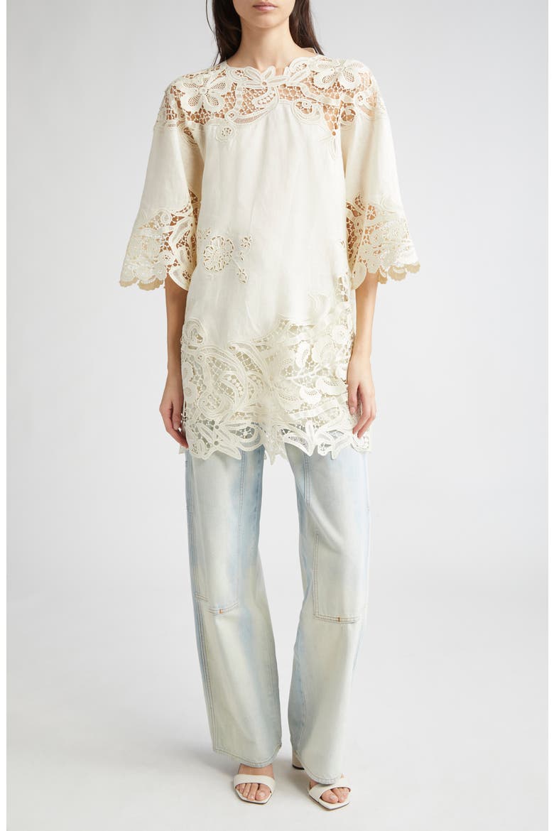 Brinna Lace Trim Linen Top, Alternate, color, PRISTINE