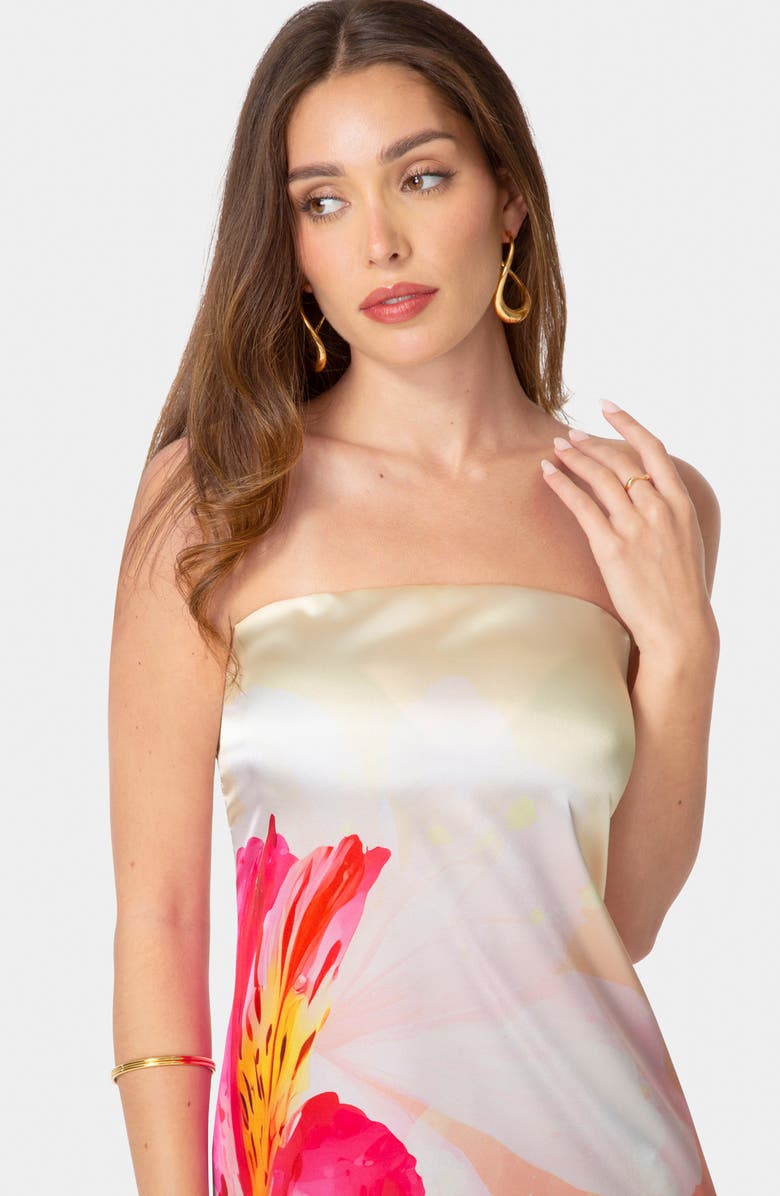 bebe Strapless Satin Maxi Dress, Alternate, color, Pink Floral
