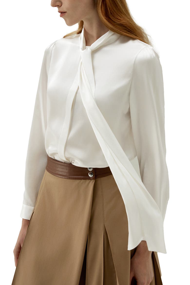 Women's Bow-tie Neck Silk Blouse, Main, color, Natural white