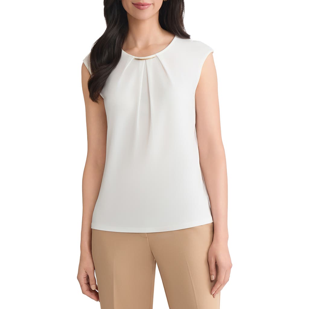 Kasper Metal Accent Gathered Neck Crepe Knit Top In White