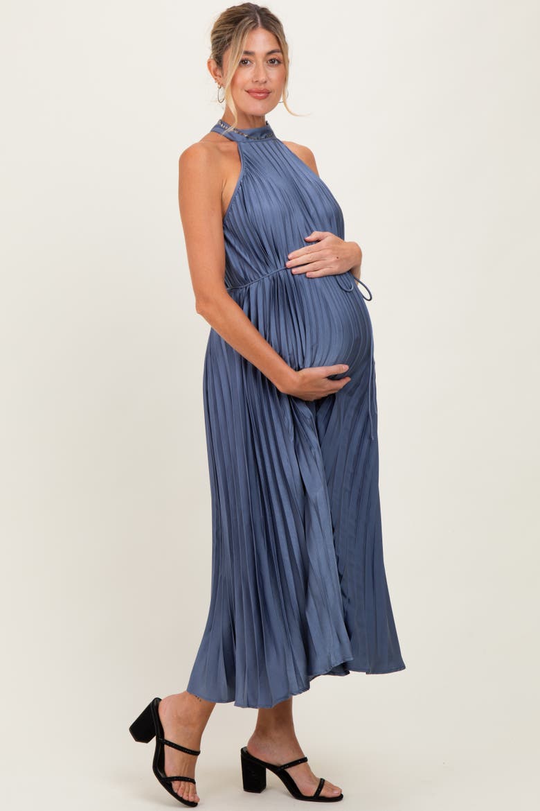 Pleated Halter Dress, Alternate, color, Navy Blue
