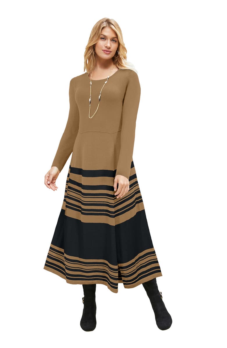 Jessica London Fit and Flare Sweater Dress, Main, color, Soft Camel Black