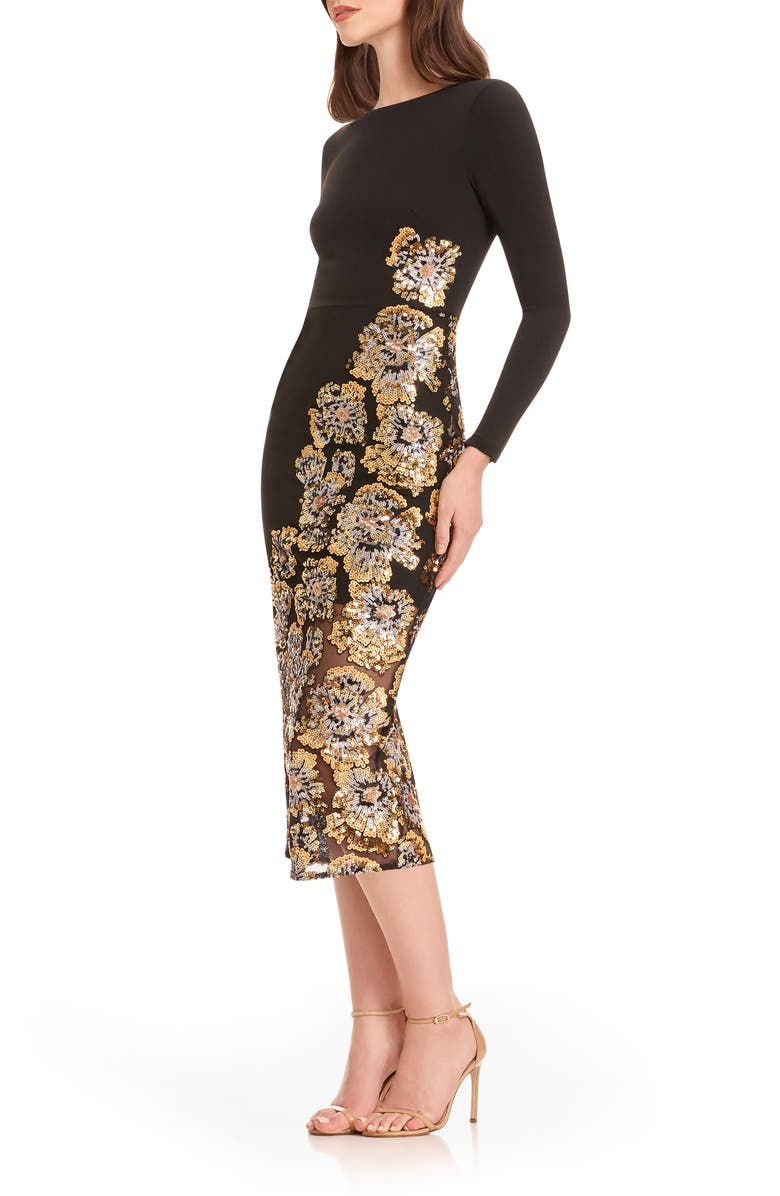 Dress the Population Mara Sequin Long Sleeve Midi Dress, Alternate, color, Gold Multi