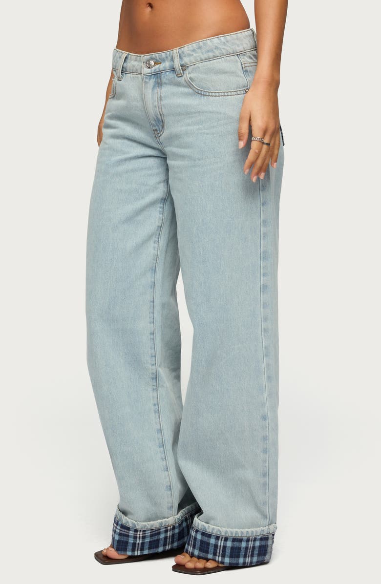 EDIKTED Plaid Low Rise Cuff Wide Leg Jeans, Alternate, color,