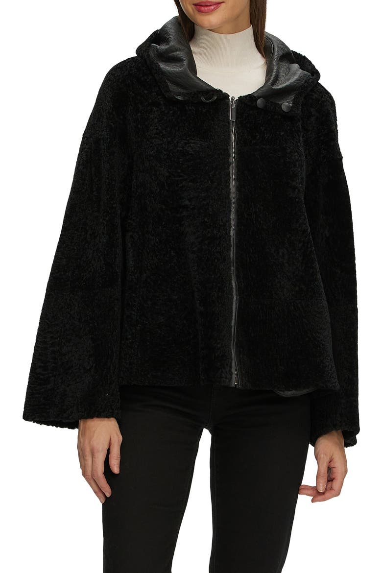 Genuine Shearling Zip Hooded Jacket, Rev, Main, color, BLACK