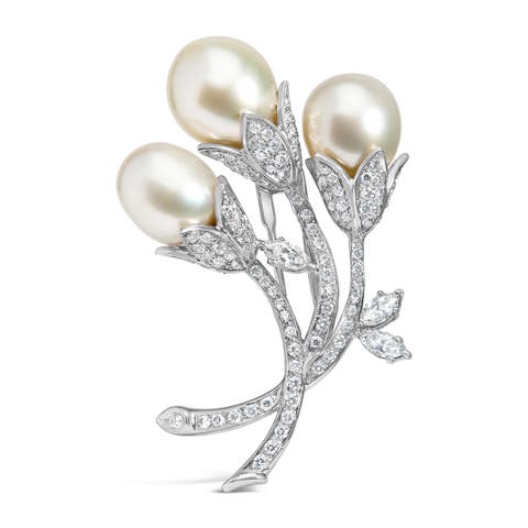 18K White Gold 2 1/5 Cttw Diamond and South Sea Pearl Floral Brooch Pin