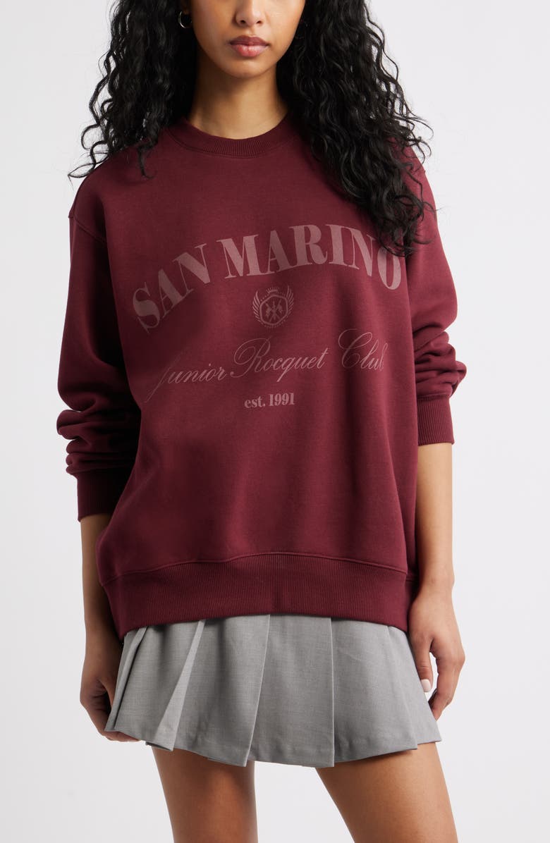 BP. Oversize Crewneck Graphic Sweatshirt, Main, color, Burgundy San Marino