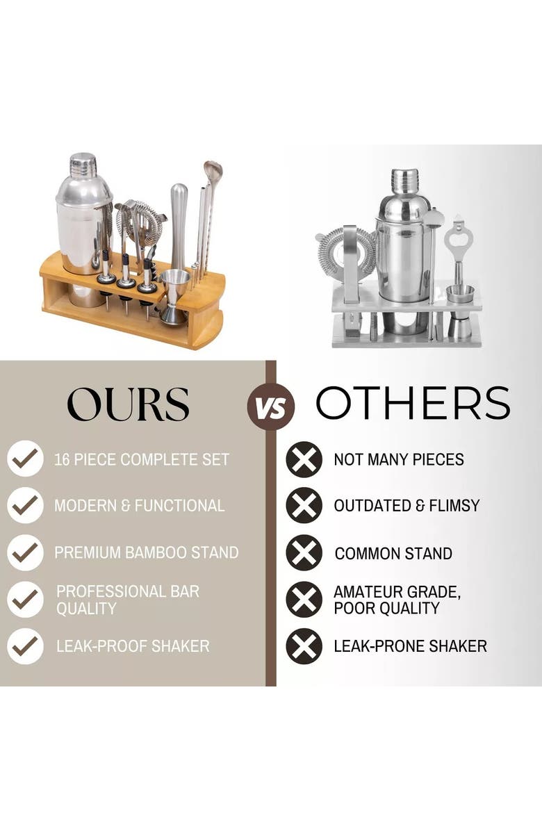 Luminuxe Cocktail Shaker Set Bartender Kit with Stand, 16-Piece Barware Mixing Tools, Stainless Steel, Alternate, color,