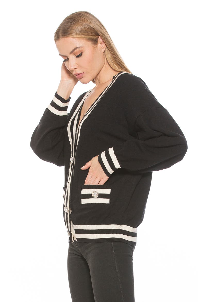 Frances Stripe Trim Cardigan, Alternate, color, BLACK