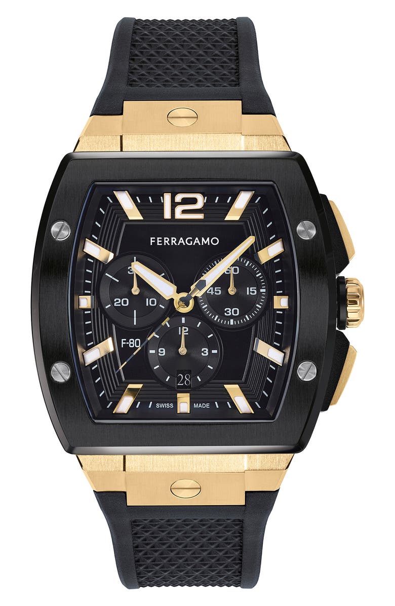 FERRAGAMO F-80 Tonneau Chronograph Silicone Strap Watch, 41.8mm, Main, color, 