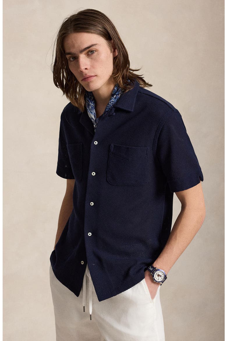 Textured Pointelle Linen Camp Shirt, Alternate, color, CRUISE NAVY
