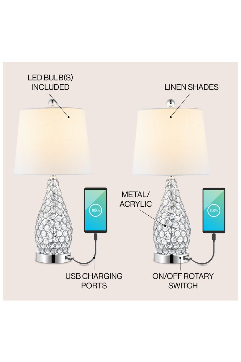 Lily 22.25" Midcentury Modern Iron LED Table Lamp with USB Charging Port, Clear, Alternate, color, Clear