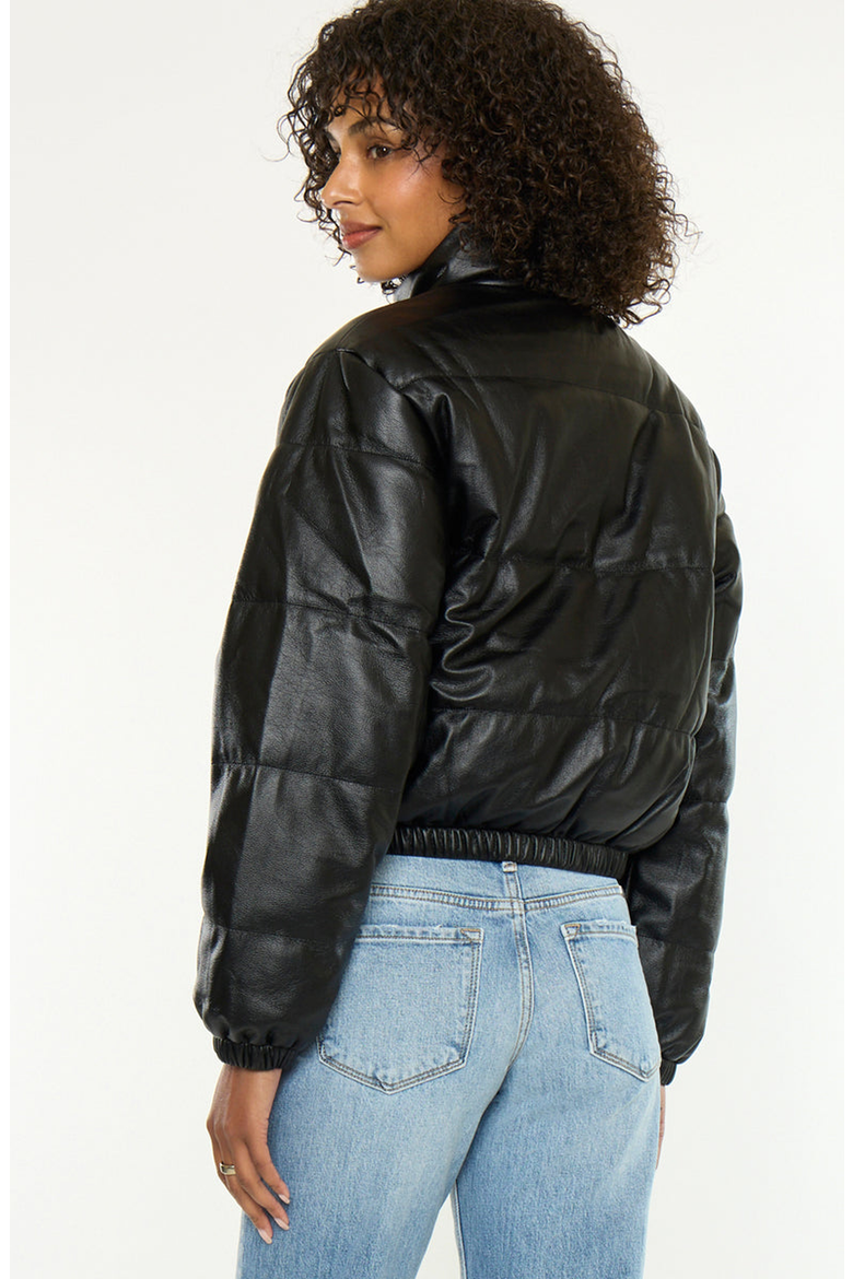 Taylor Cropped Faux Leather Puffer Jacket, Alternate, color, Black