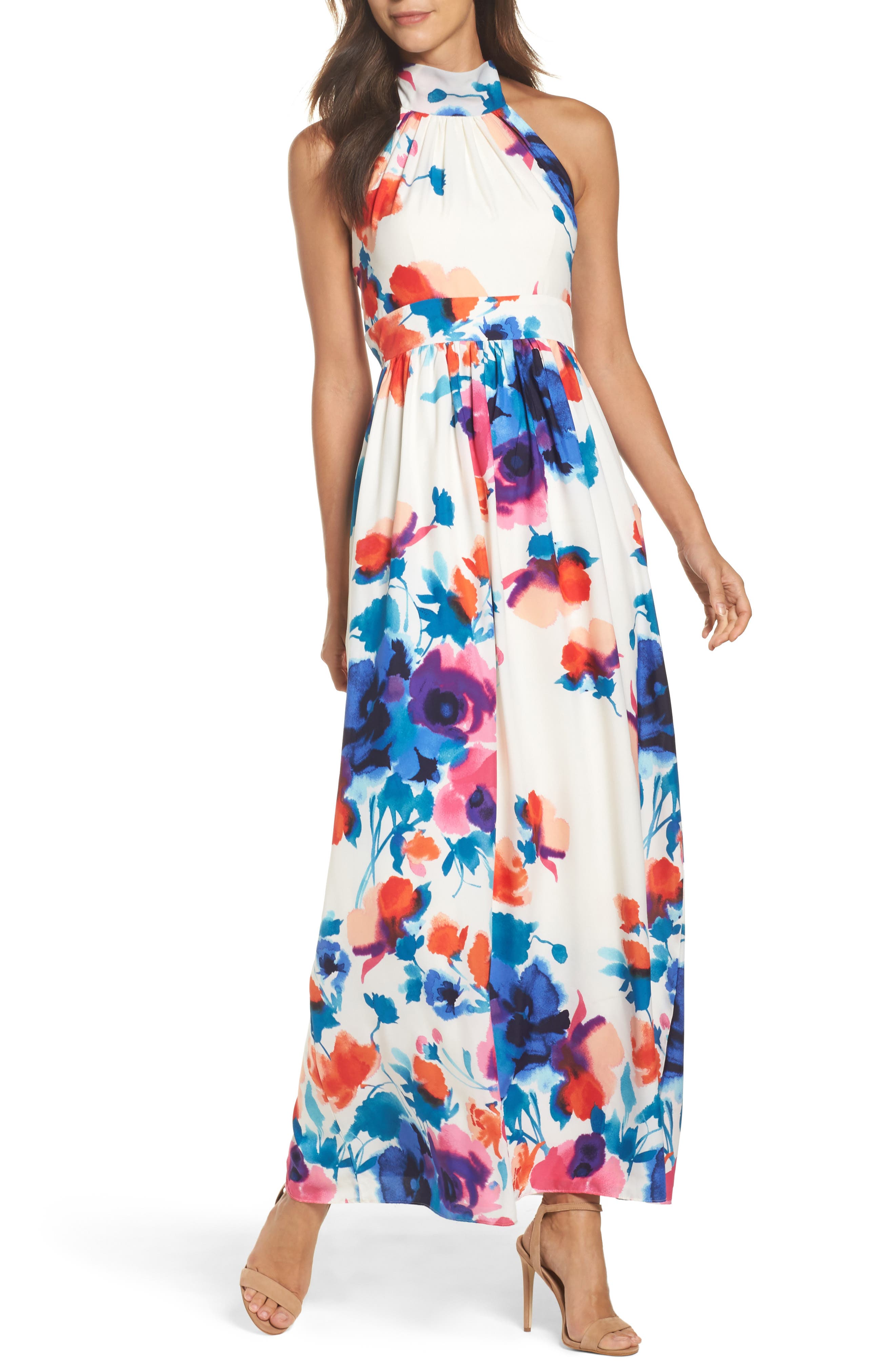 floral print halter maxi dress eliza j Neck Sleeveless (Women) print chiffon into a lush high/low dress cinched by a color Floral Halter Neck Sleeveless Maxi