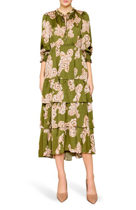 Floral Tiered Satin Midi Dress