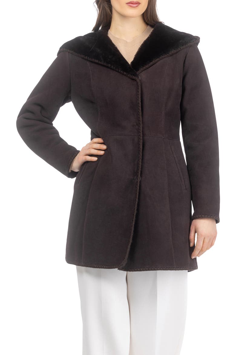 Genuine Shearling Parka with Emboidered Trim, Alternate, color, Dark Brown