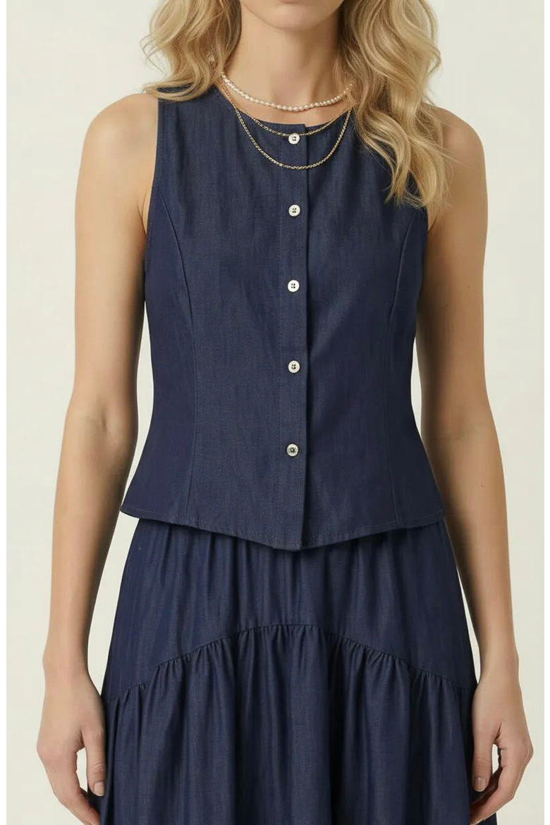 Sleeveless Structured Top and Tiered Midi Skirt Set, Alternate, color, Navy Blue