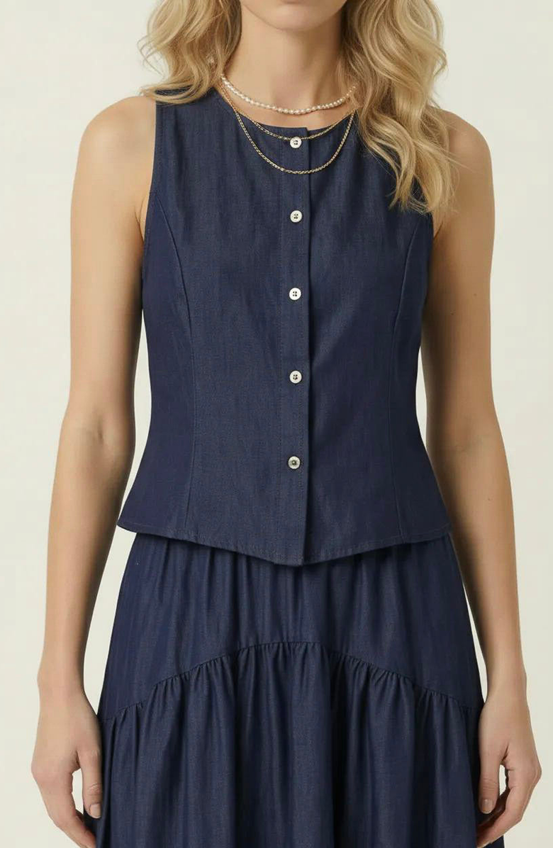 Modenaire Sleeveless Structured Top and Tiered Midi Skirt Set, Alternate, color, Navy Blue