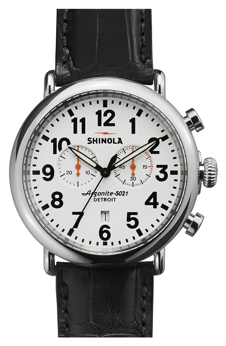 Shinola 'The Runwell Chrono' Alligator Strap Watch, 47mm, Main, color,