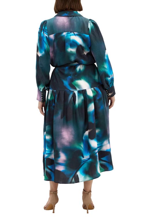City Chic Haze Bloom Long Sleeve Shirtdress In Blue