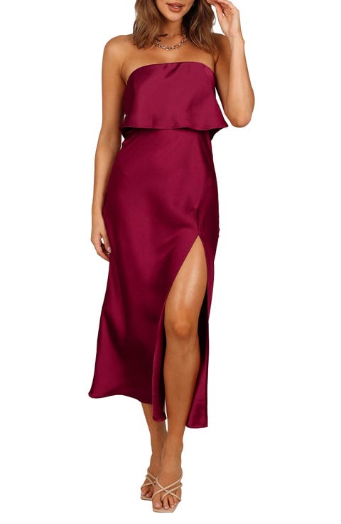 Vienna Popover Strapless Satin Midi Dress