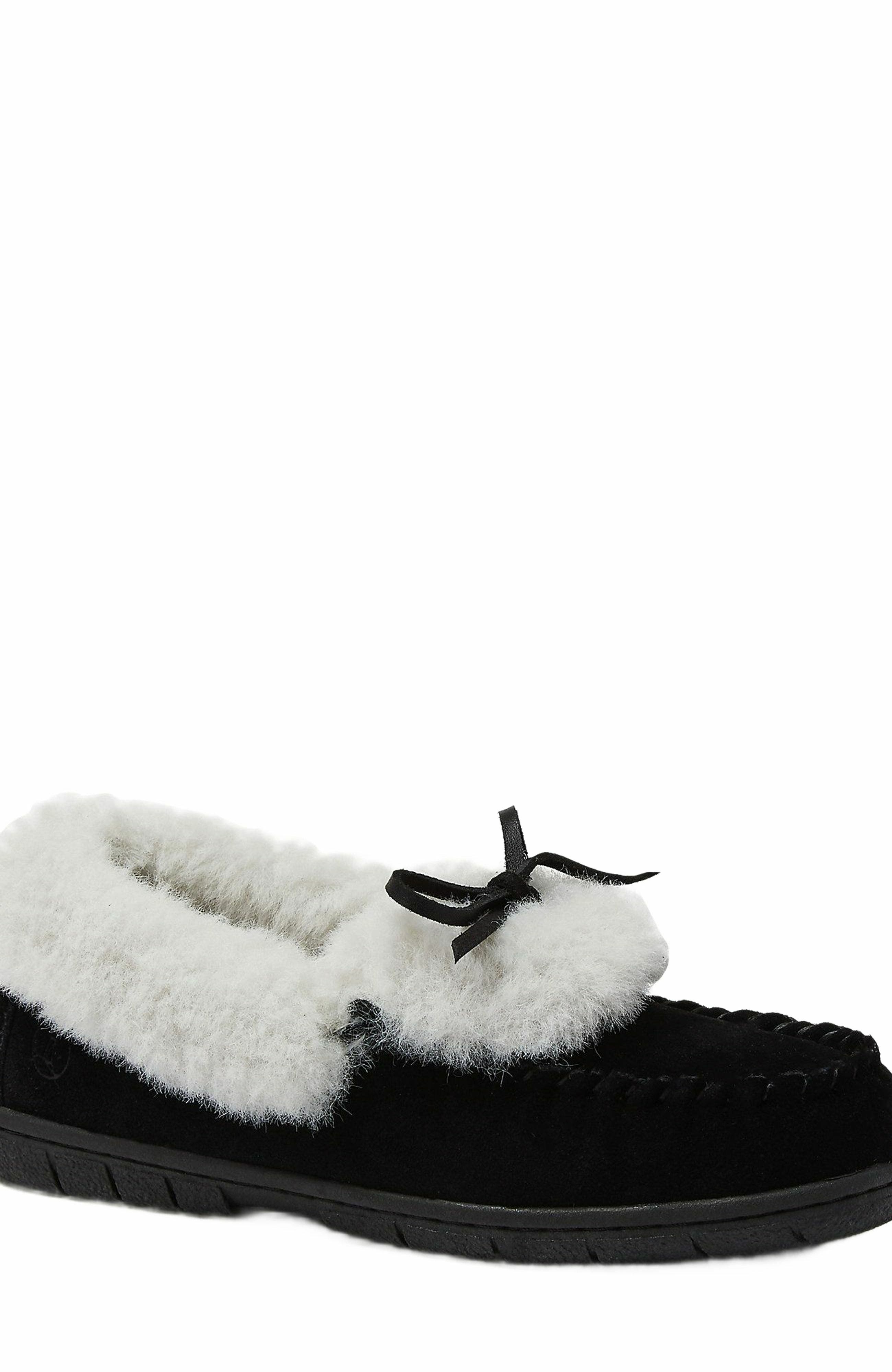 Fluffy Lined Indoor Outdoor Moccasin Slippers, Alternate, color, Black Suede