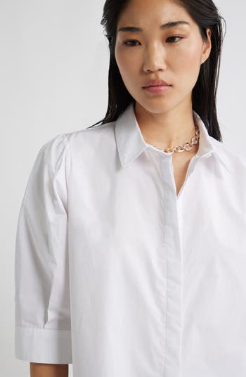 Crop Puff Sleeve Cotton Button-Up Shirt