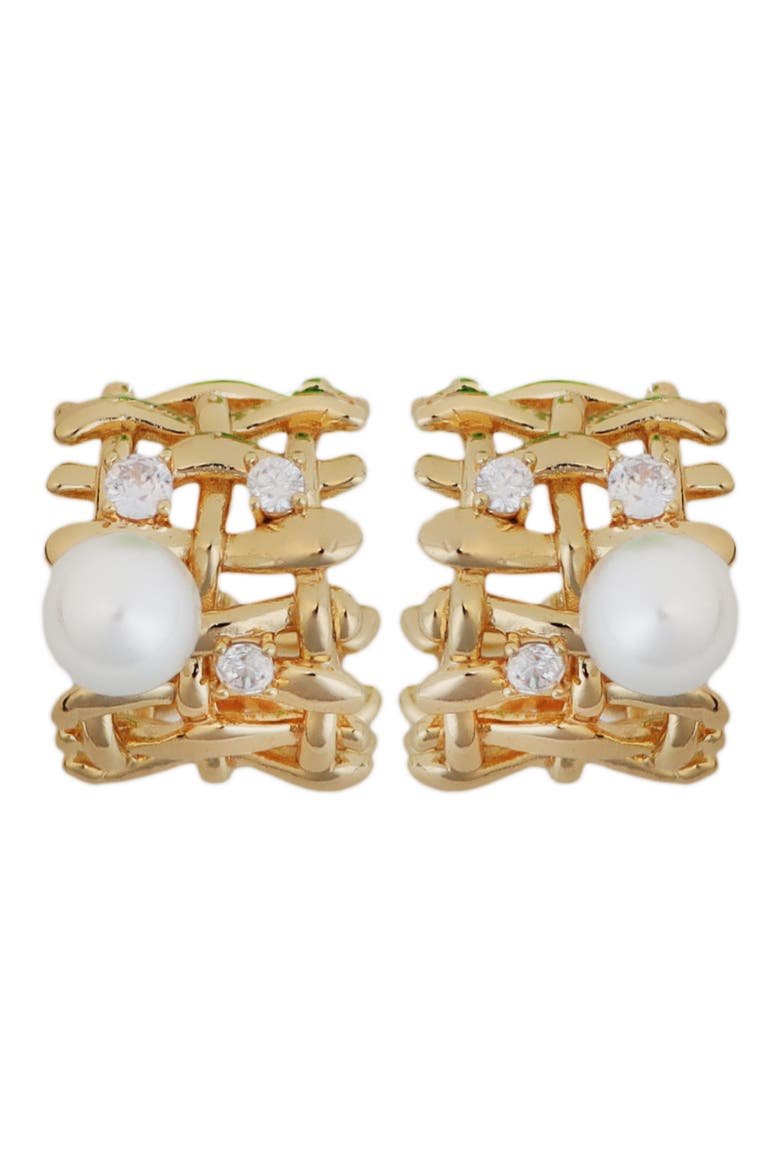 Crystal & Faux Pearl Hoop Earrings, Main, color, WHITE