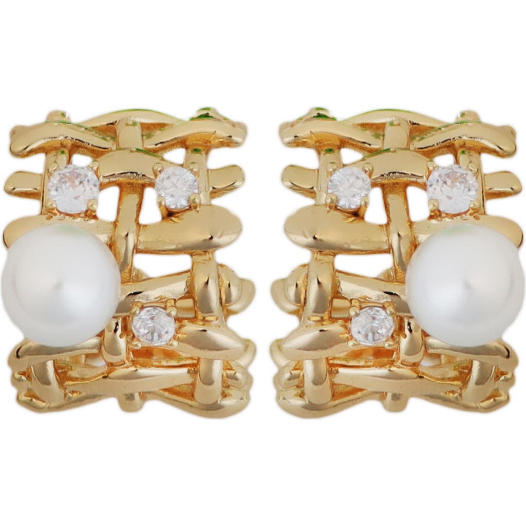 Panacea Crystal & Faux Pearl Hoop Earrings In Gold