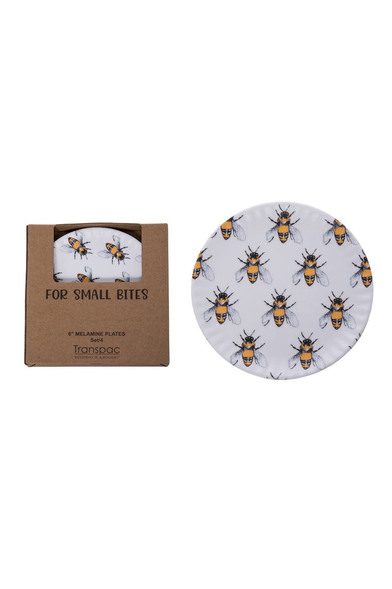 Melamine Bee Appetizer Plate Set of 4 Multicolored for Spring Serving and Entertaining, Main, color, White