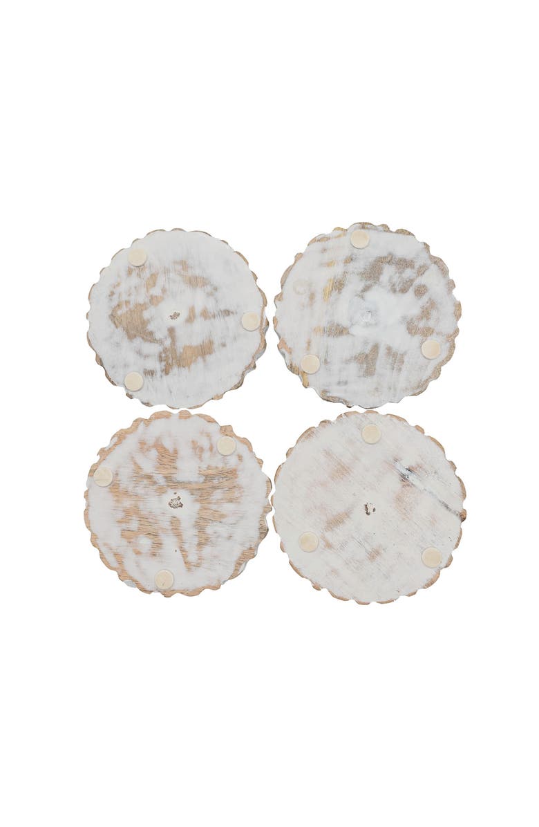 Foreside Home and Garden Set of 4 Floral Carved Coasters White Mango Wood & Jute, Alternate, color, White