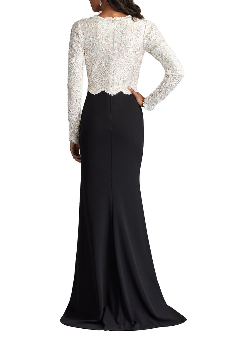 Scroll Lace Long Sleeve Crepe Gown, Alternate, color, IVORY/ BLACK