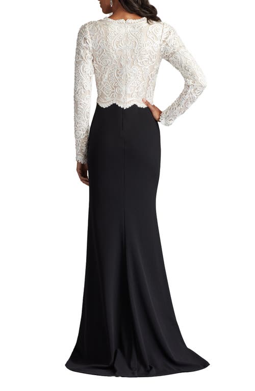 Tadashi Shoji Scroll Lace Long Sleeve Crepe Gown In Black