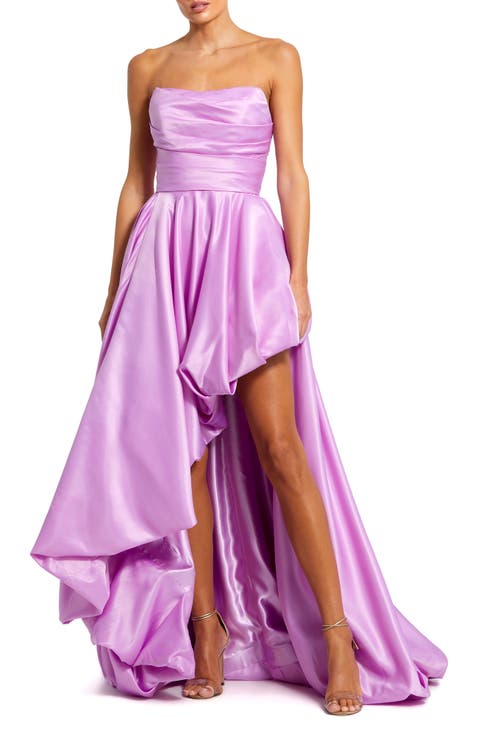 Asymmetrical High Low Strapless Ruched Gown
