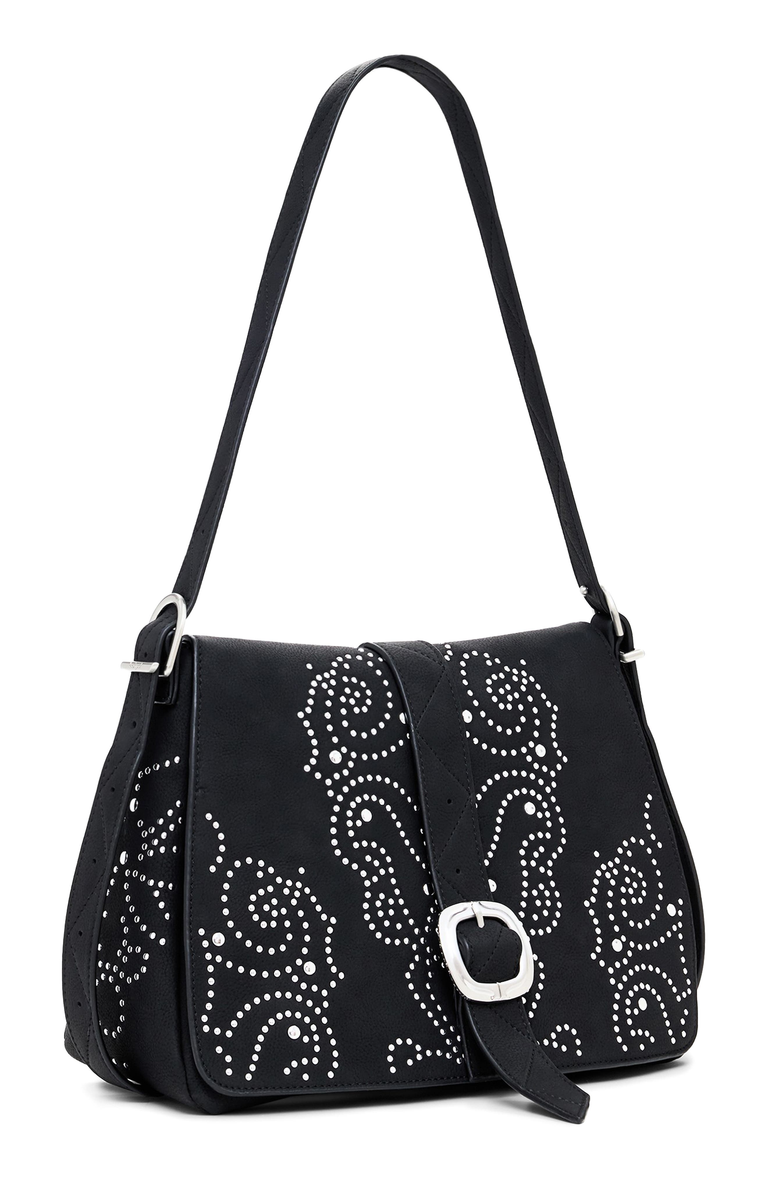 Desigual Studded Faux Leather Crossbody Bag, Alternate, color, Black